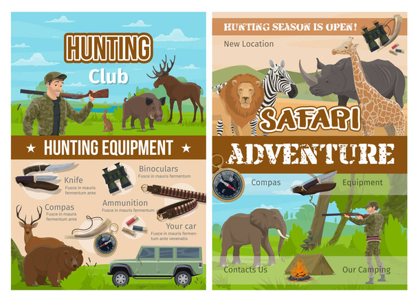 Σαφάρι κυνήγι ζώων, κυνηγός όπλο και εξοπλισμός - Διάνυσμα, εικόνα