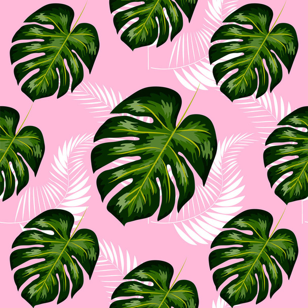 seamless pattern with tropical leaves: palms, monstera, passion fruit. Beautiful allover print with hand drawn exotic plants. Swimwear botanical design - Vector, Image