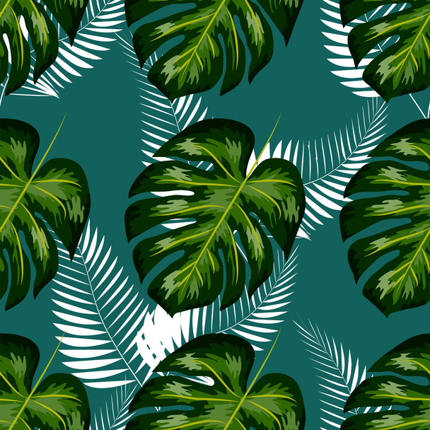 Jasne tropikalne tło z roślinami dżungli. egzotyczny wzór z liści palmowych. - Wektor, obraz