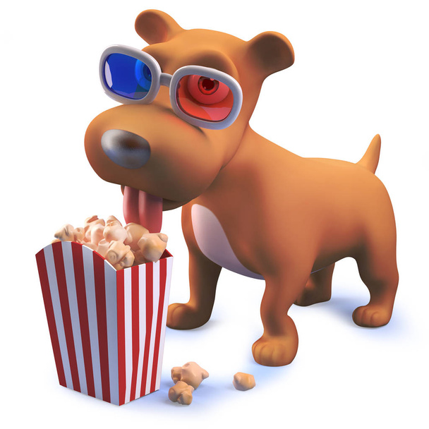 Cool puppy dog hound in 3d wearing 3d glasses and eating popcorn - Photo, Image