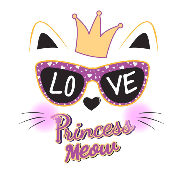 Lovely cute cat princess face in sunglasses, with text Love isolated object on white background. - Vektor, Bild