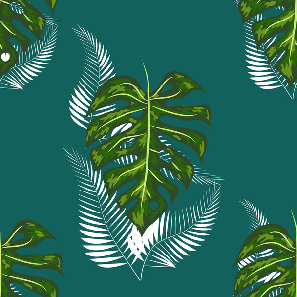 Kirkas trooppinen tausta viidakon kasveja. eksoottinen kuvio palmunlehdillä
. - Vektori, kuva