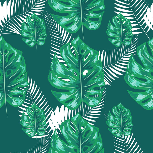 grünes Muster mit Monstera-Palmblättern auf dunklem Hintergrund. nahtloses sommerliches tropisches Stoffdesign. - Vektor, Bild