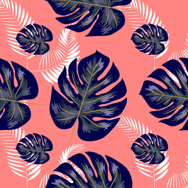 Patrón verde con hojas de palma monstera sobre fondo oscuro. Diseño de tela tropical de verano sin costuras
. - Vector, Imagen