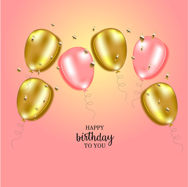 Colorful happy birthday background with golden and pink balloons, vector illustration - Vektör, Görsel