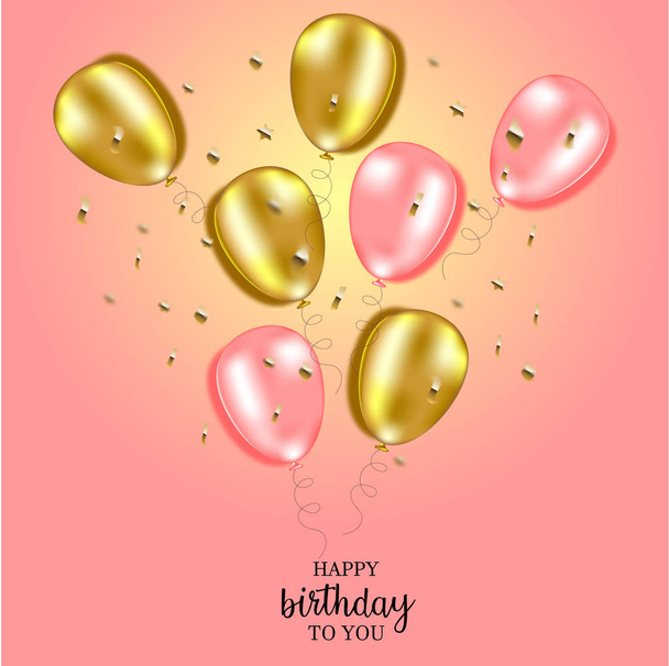 Colorful happy birthday background with golden and pink balloons, vector illustration - Vector, Imagen
