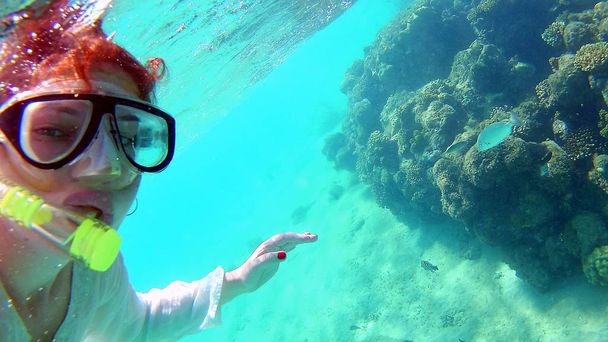 Jonge vrouw meisje maakt selfie, neemt foto's van zichzelf onder water in de zee, in de buurt van de koraalriffen - Foto, afbeelding