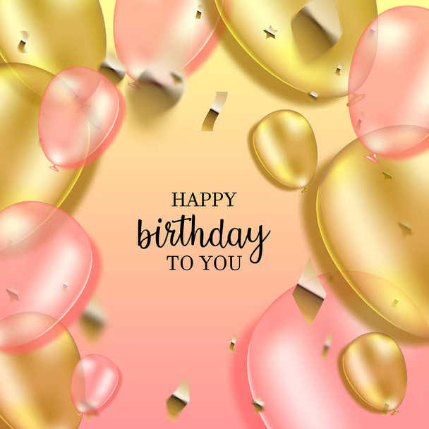 Colorful happy birthday background with golden and pink balloons, vector illustration - Вектор,изображение