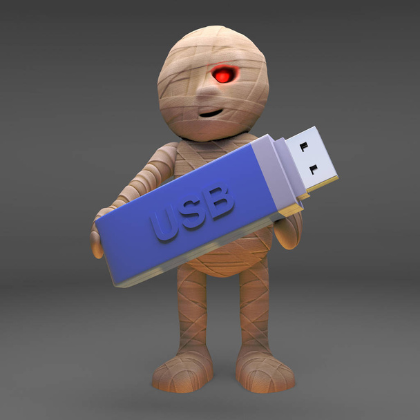 Zombie-Monster hält Daten auf einem USB-Stick, 3D-Abbildung - Foto, Bild