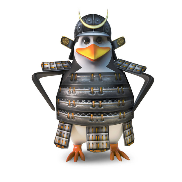 Забавный мультфильм японский самурай пингвин воин имеет реальное отношение, 3D иллюстрации
 - Фото, изображение