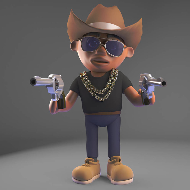 Dziki zachód czarny hiphop raper nosi Cowboy Stetson kapelusz i pistolety, ilustracja 3D - Zdjęcie, obraz