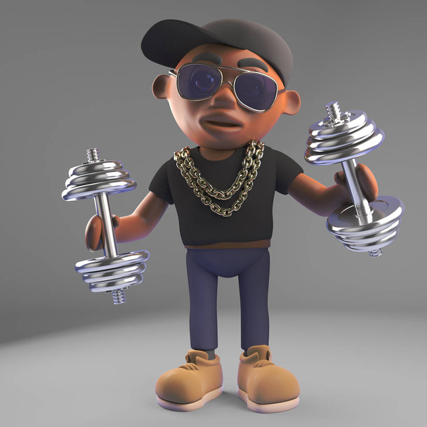 Fit czarny hiphop raper ćwiczenia z niektórymi ciężarkami, ilustracja 3D - Zdjęcie, obraz