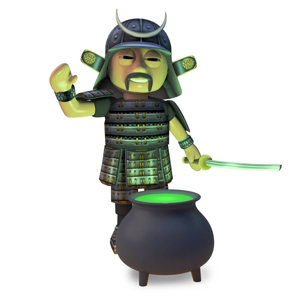 Mysterieuze Japanse Samurai Warrior met behulp van een magische ketel, 3D-illustratie - Foto, afbeelding