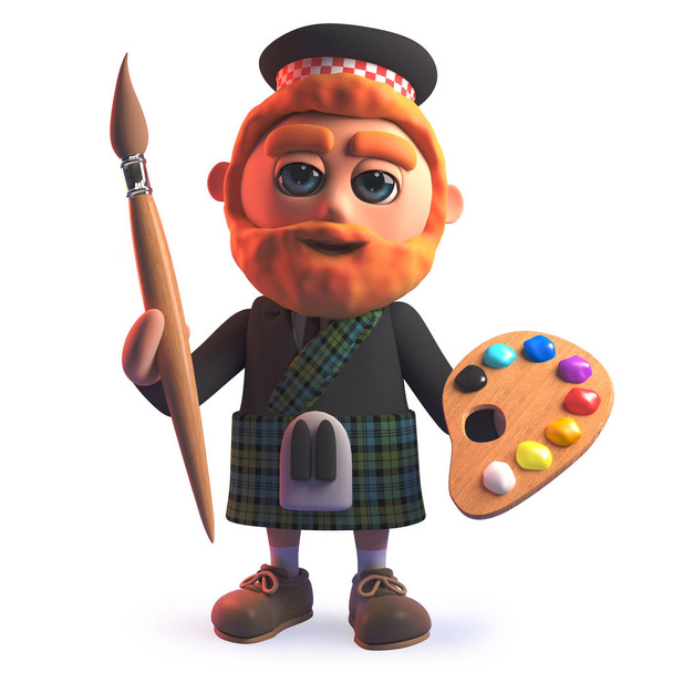 Cartoon 3d Scots man in kilt holding a paint brush and palette - Photo, Image