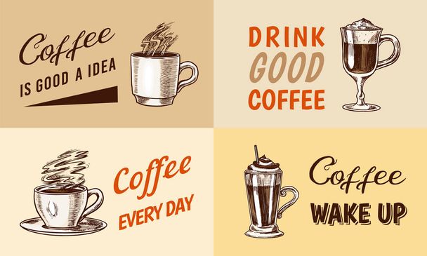 Set of cups of coffee in vintage style. Take away Cappuccino and Glace, espresso and latte, mocha and Americano, frappe in a glass. Hand drawn engraved retro sketch. - Vector, Image
