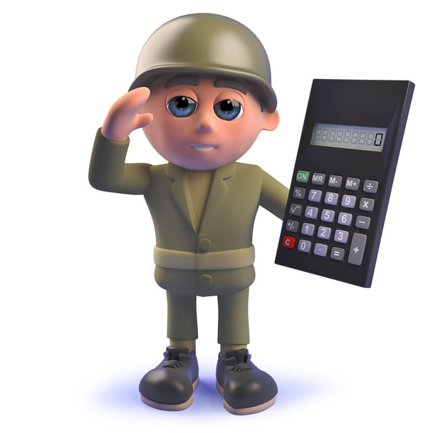 Zeichentrickfigur 3d Armeesoldat mit digitalem Taschenrechner - Foto, Bild