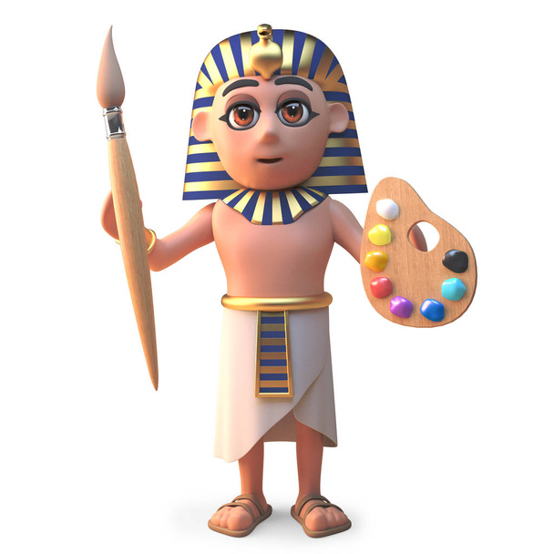 Kreslený egyptský faraon Tutankhamen s štětcem a paletou, 3D ilustrace - Fotografie, Obrázek
