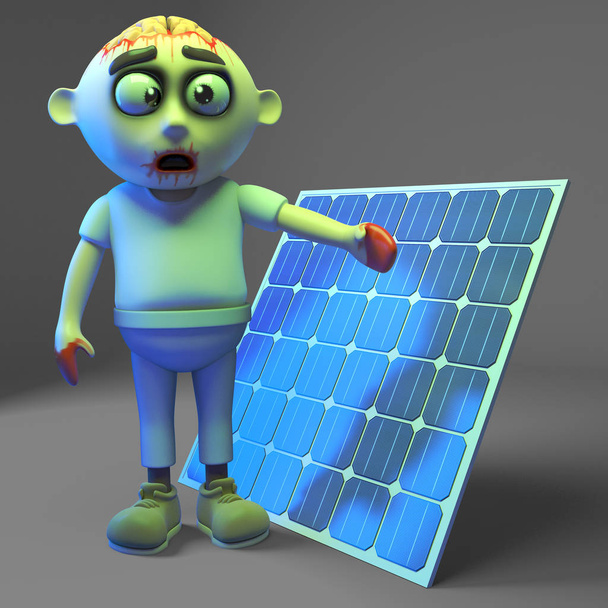 Zombie monster has gone green with a solar panel, 3d illustration - Photo, Image