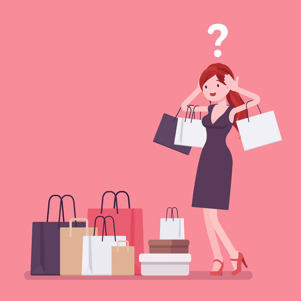 Mujer adicta a las compras comprando demasiado
 - Vector, Imagen