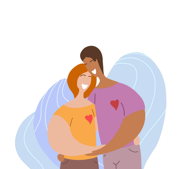 LGBT幸せなカップルが抱きしめて笑う。女性の関係と愛。モダンなフラットスタイルの日付。家族と団結 - ベクター画像
