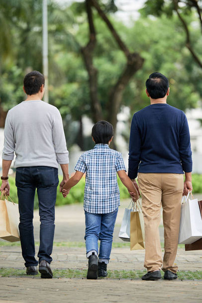 Visão traseira do menino e dois homens em roupas casuais carregando sacos de papel enquanto caminham depois de fazer compras juntos
 - Foto, Imagem