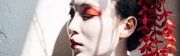 portrait of beautiful geisha with red and white makeup in sunlight with shadows, panoramic shot - Valokuva, kuva