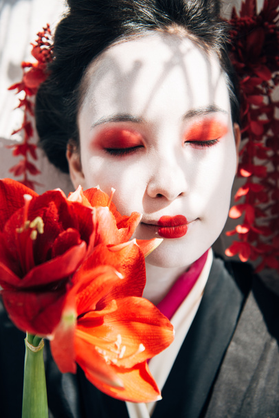 portrait of beautiful geisha holding red flowers in sunlight - Photo, Image