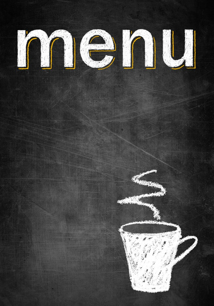 Menu chalk board with empty frame and cup of coffee - Foto, Imagen