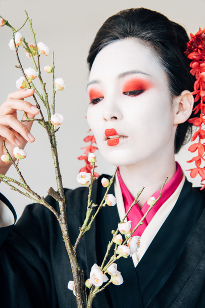 tree branches and beautiful geisha with red and white makeup isolated on white - Photo, Image
