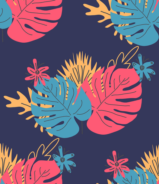 Exotic leaves hand drawn seamless pattern. Tropical plant drawing. Scandinavian style backdrop. - Vecteur, image