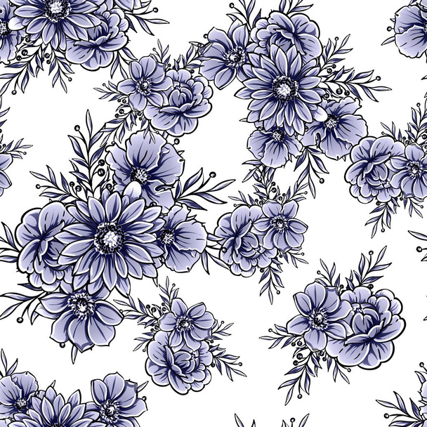 Monochrome vintage style flowers seamless pattern - Vetor, Imagem