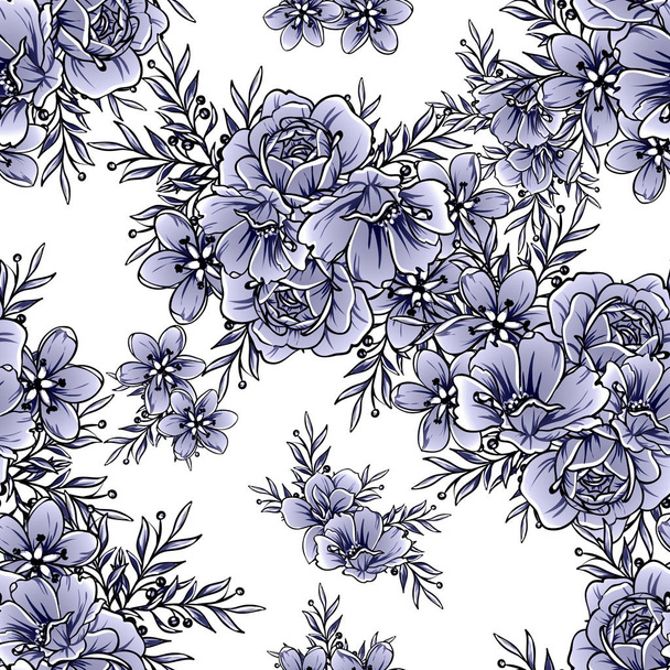 Monochrome vintage style flowers seamless pattern - Вектор,изображение