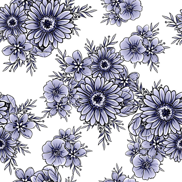 Monochrome vintage style flowers seamless pattern - Vettoriali, immagini