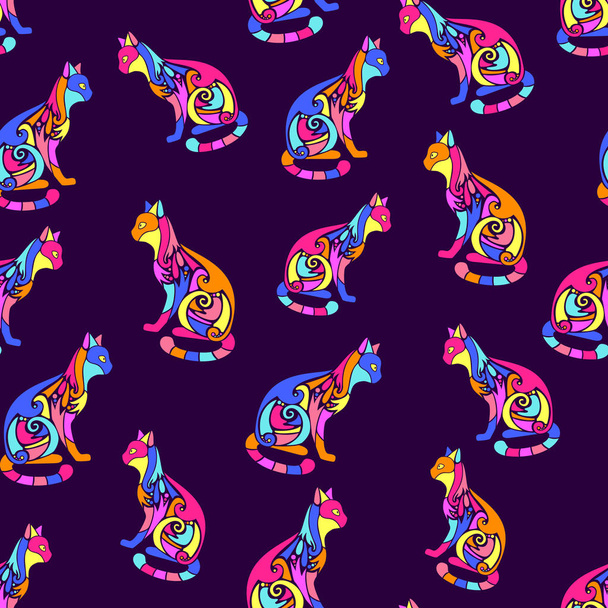 Seamless pattern with decorative ornate cute cat silhouettes. Te - ベクター画像