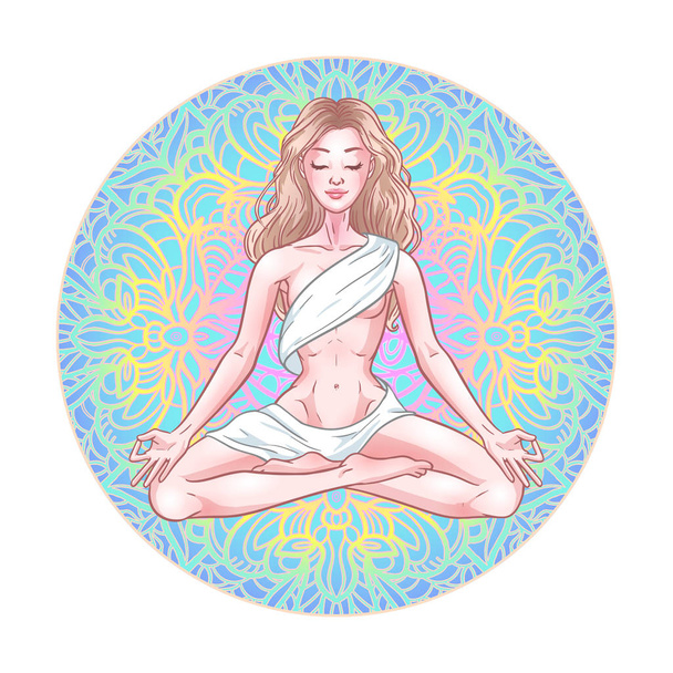 Young meditating yogi woman in lotus pose on mandala background. - ベクター画像