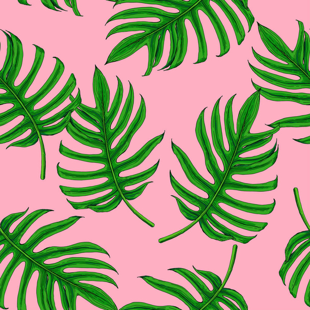 Pattern of palm leaves on a pink background - Vektor, Bild