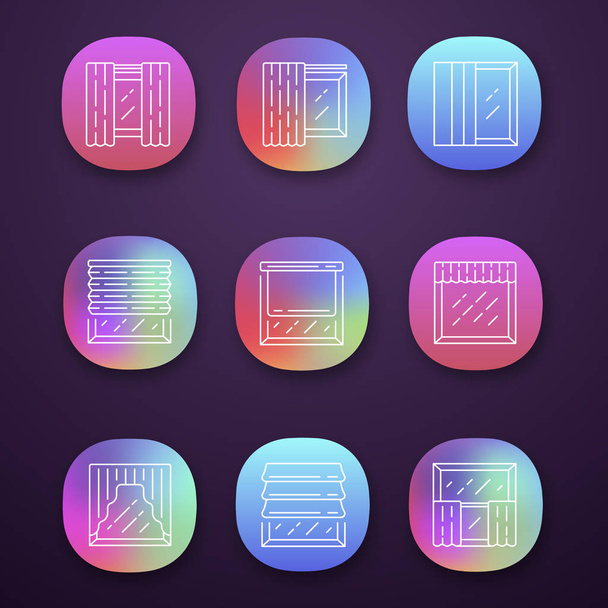 Window shutters app icons set. Roller, roman shades, panel, swags, valance. Motorized jalousie. Home interior shop. UI/UX user interface. Web or mobile applications. Vector isolated illustrations - Вектор,изображение