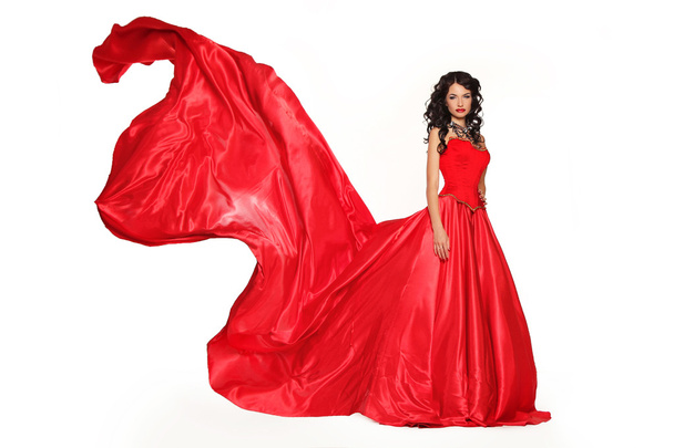 Fashion photo of young magnificent woman in red dress isolated o - Foto, immagini