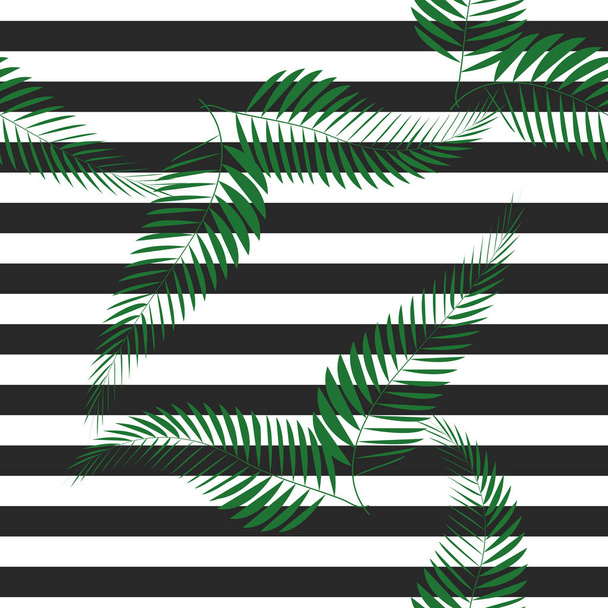 Exotic tropic plants composed of palm leaves, on black and white stripe geometric background. Flower trendy seamless pattern. Hand drawn fashion wallpaper. - Wektor, obraz
