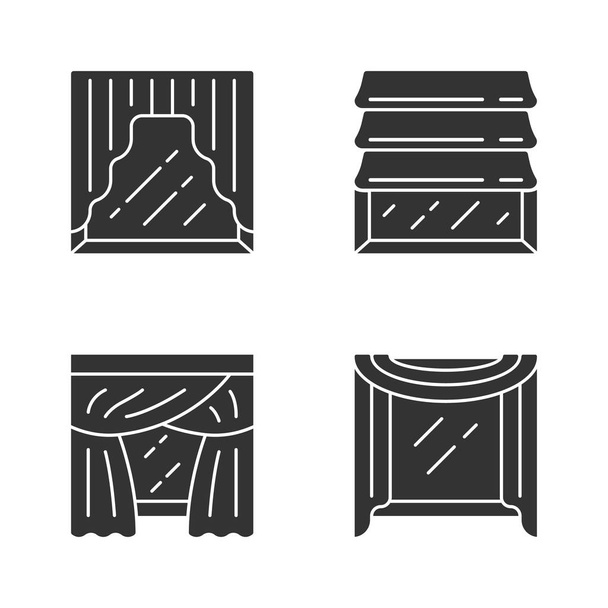 Window drapes glyph icons set. Roman shades, swags, priscilla curtains, window scarf. Home interior decor. Kitchen, bedroom, living room decoration. Silhouette symbols. Vector isolated illustration - Vektor, kép