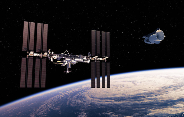 Obchodní kosmická loď a mezinárodní vesmírná stanice v kosmu - Fotografie, Obrázek