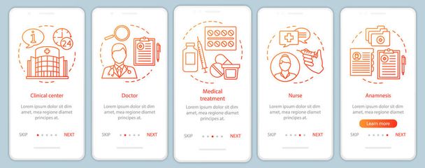 Na obrazovce o medicíně a zdravotní péči pro mobilní aplikace s lineárními koncepty. Volat, vybírat, platit, přijímat, užívat si. Kroky – grafické pokyny. UX, UI, vektorová šablona GUI s ilustracemi - Vektor, obrázek