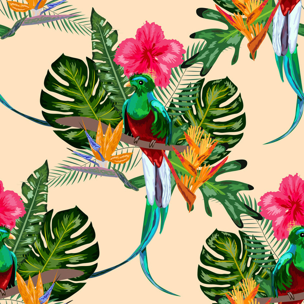 Uhanalaisten lintulajien saumaton kuvio Upea loistelias Quetzal istuu oksalla trooppisten lehtien ja kukkien taustalla, muotoilu
 - Vektori, kuva