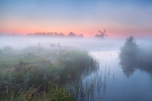 ανεμόμυλος και το ποτάμι με την πυκνή ομίχλη - Φωτογραφία, εικόνα