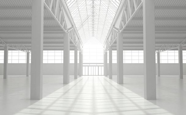 Interior urbano industrial de un almacén vacío en color blanco monocromo. Edificio de fábrica de estilo loft grande. Renderizado 3D
. - Foto, Imagen