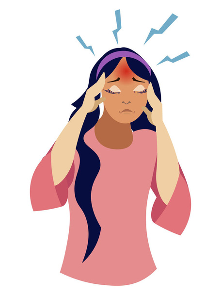 The girl has a headache, a disease. In minimalist style Cartoon flat vector - Vector, Image