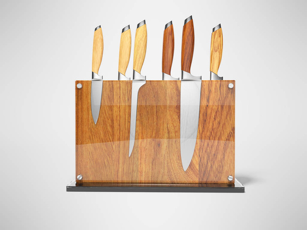 Conjunto conceptual de cuchillos de cocina en soporte de madera 3d render illustra
 - Foto, imagen