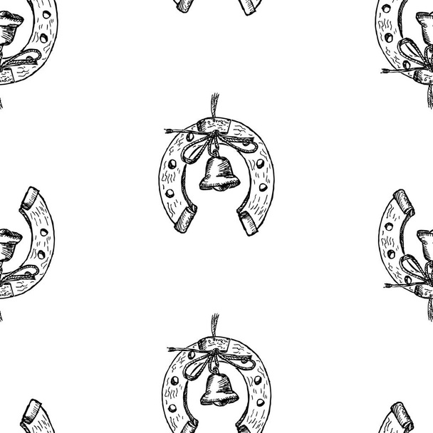 Seamless pattern of sketches of horseshoes with handbells - Wektor, obraz
