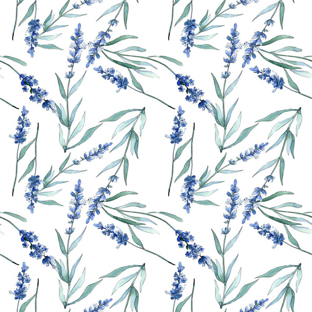 Blue lavender floral botanical flowers. Watercolor background illustration set. Seamless background pattern. - Foto, Imagem