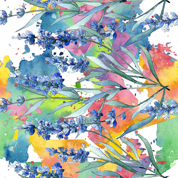 Niebieski Lawenda kwiatowy kwiatów botanicznych. Akwarela zestaw ilustracji tła. Płynny wzór tła. - Zdjęcie, obraz